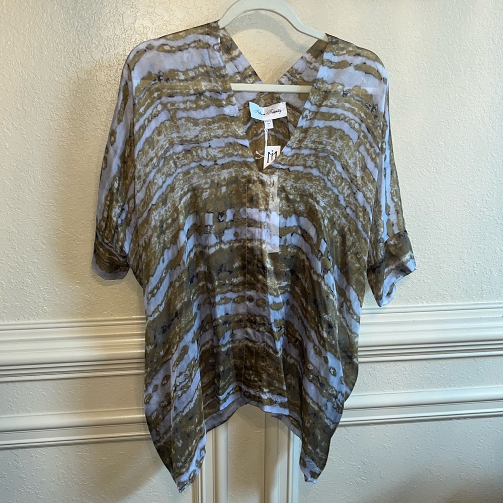 Fifteen Twenty 100% Silk Double V-Neck Top — Gold & Silver Marbled Print